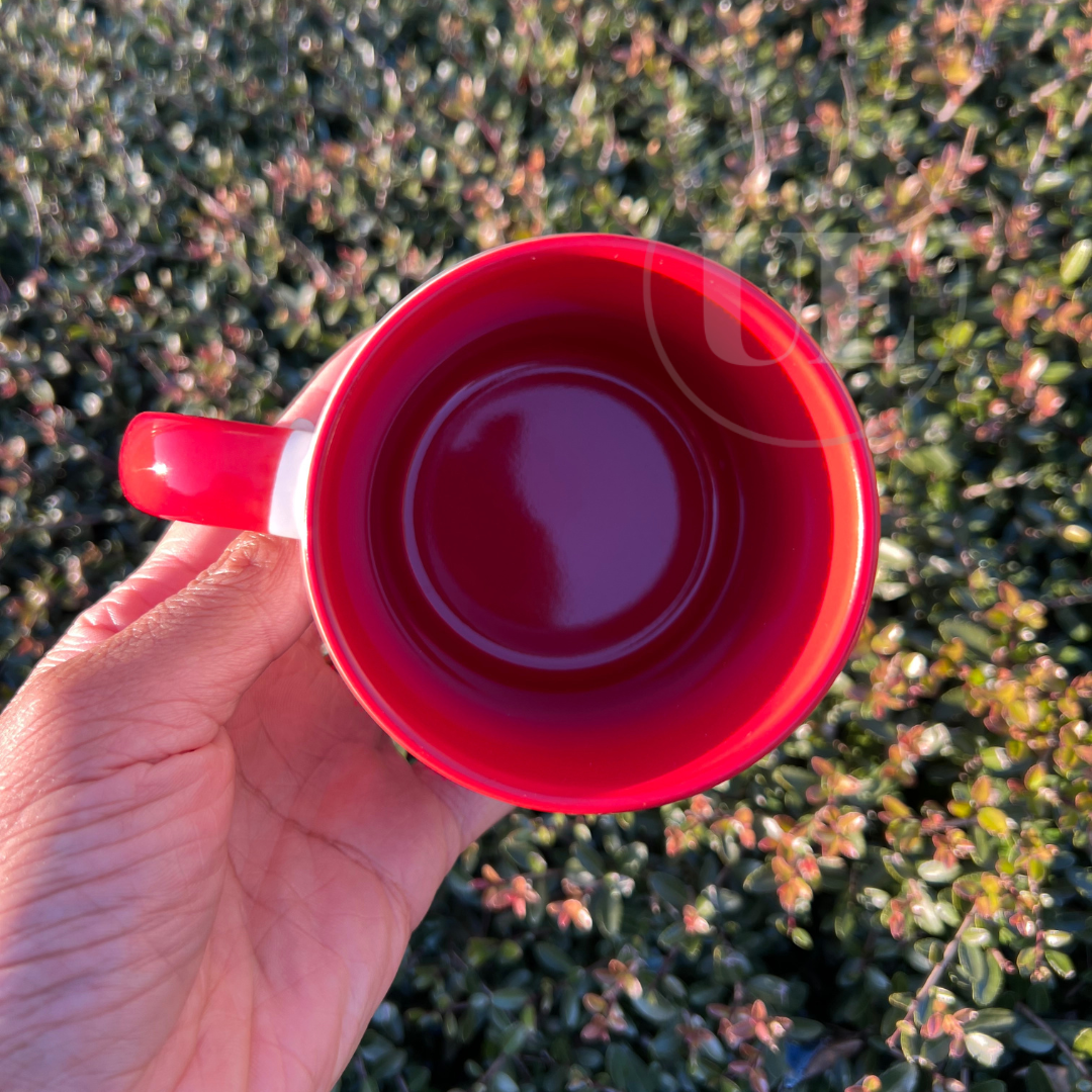 Image includes an 11oz white ceramic mug with red handle and interior.