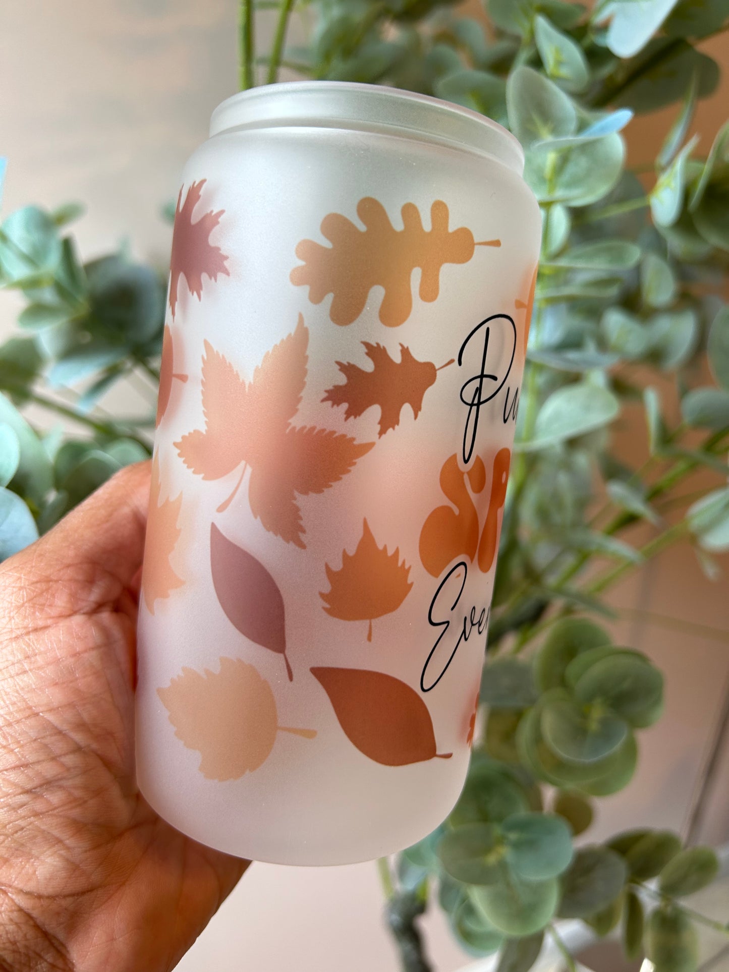 Pumpkin Spice Everything Frost Glass Can, Right side with yellow orange brown leaves