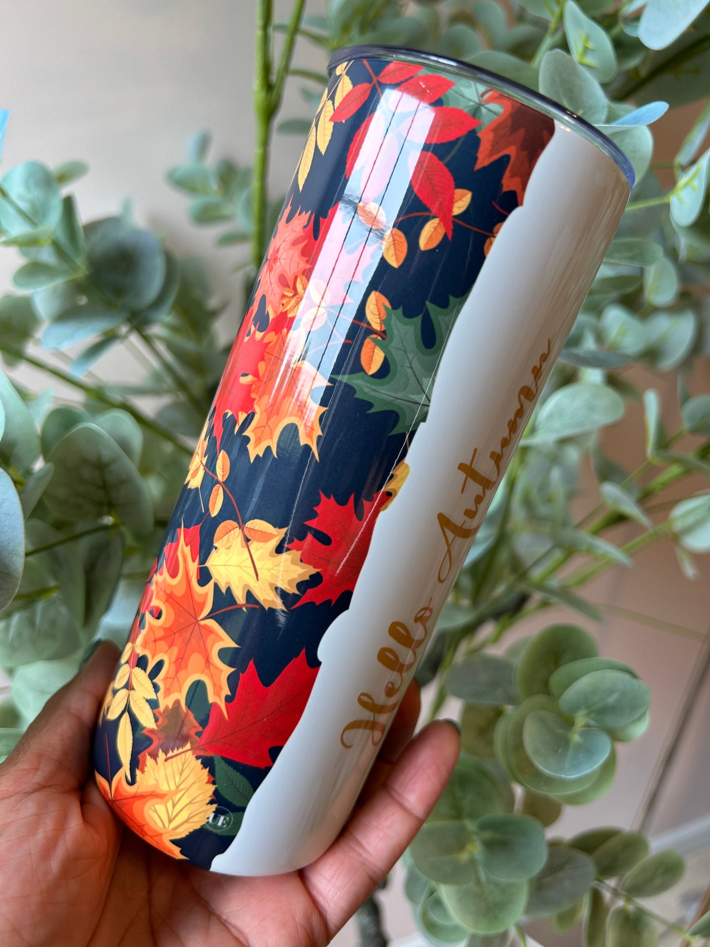 Hello Autumn Stainless Steel Tumbler, Right Side with Fall Seasonal Print