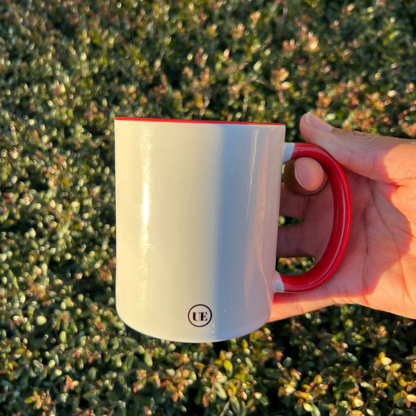 Image includes an 11oz white ceramic mug with red handle.