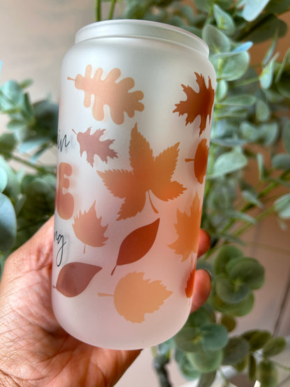 Pumpkin Spice Everything Frost Glass Can, Left side with yellow orange brown leaves