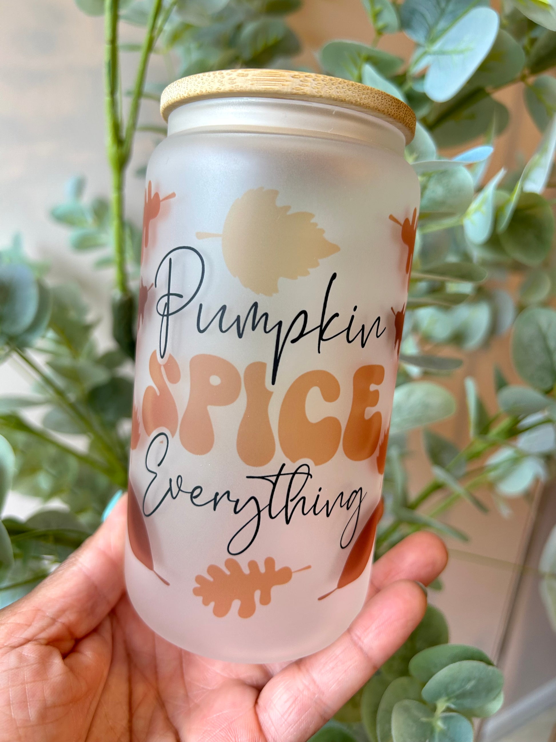 Pumpkin Spice Everything Frost Glass Can, Front side with yellow orange brown leaves and bamboo lid
