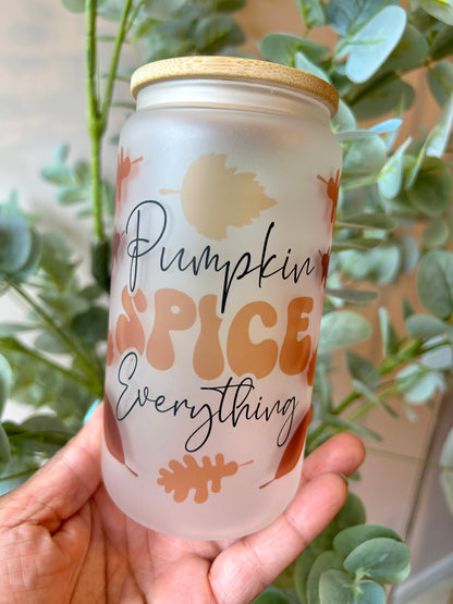 Pumpkin Spice Everything Frost Glass Can, Front side with yellow orange brown leaves and bamboo lid