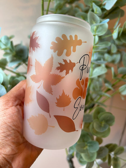 Pumpkin Spice Everything Frost Glass Can, Right side with yellow orange brown leaves