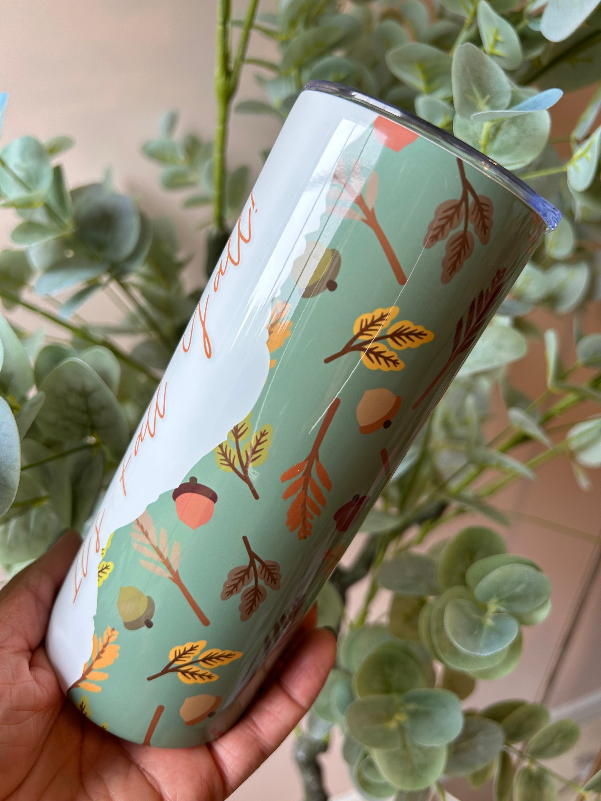It's Fall Y'all Stainless Steel Tumbler, Left with Fall leaves, light colors