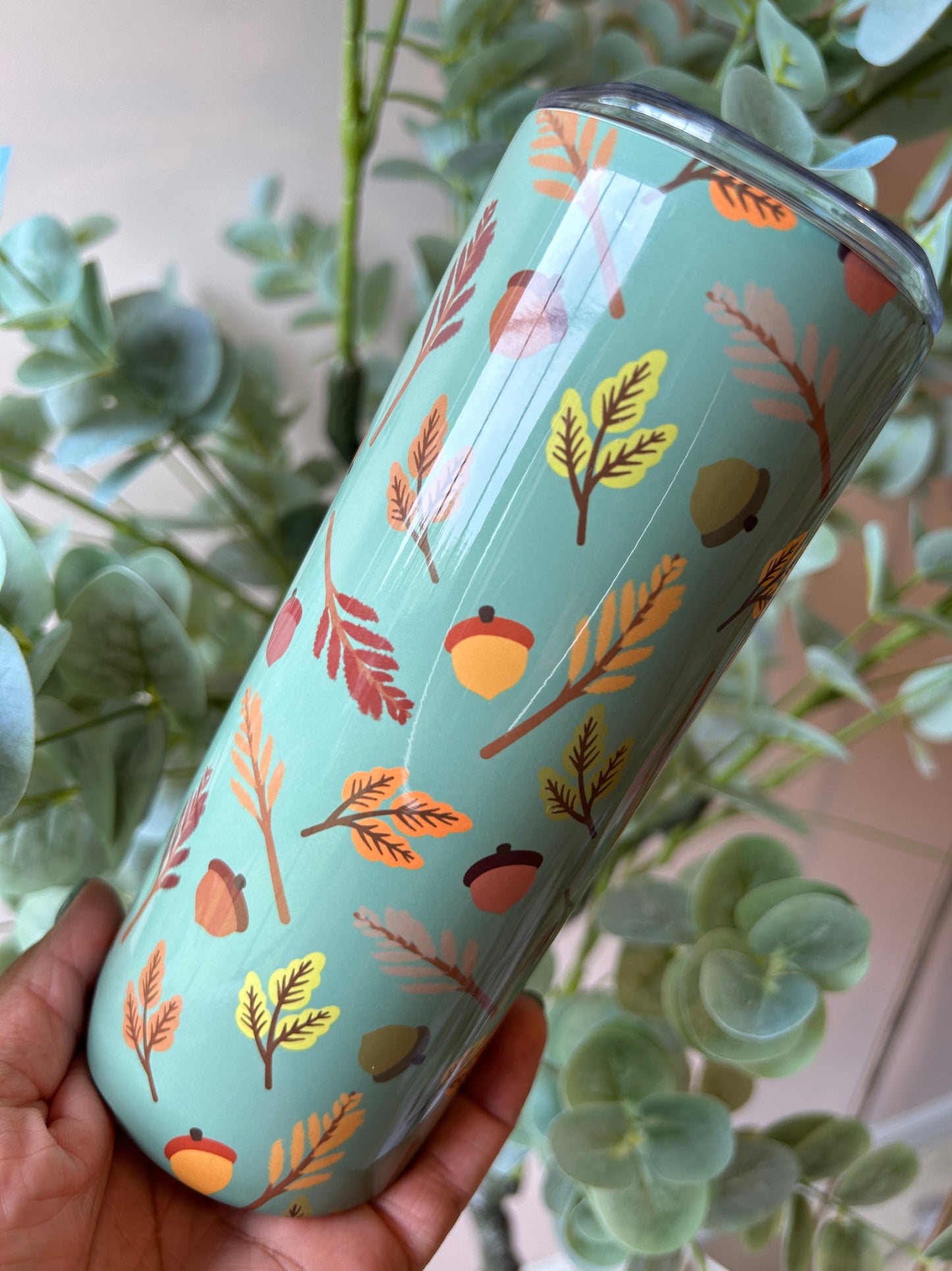 It's Fall Y'all Stainless Steel Tumbler, Back side with Fall leaves, light colors